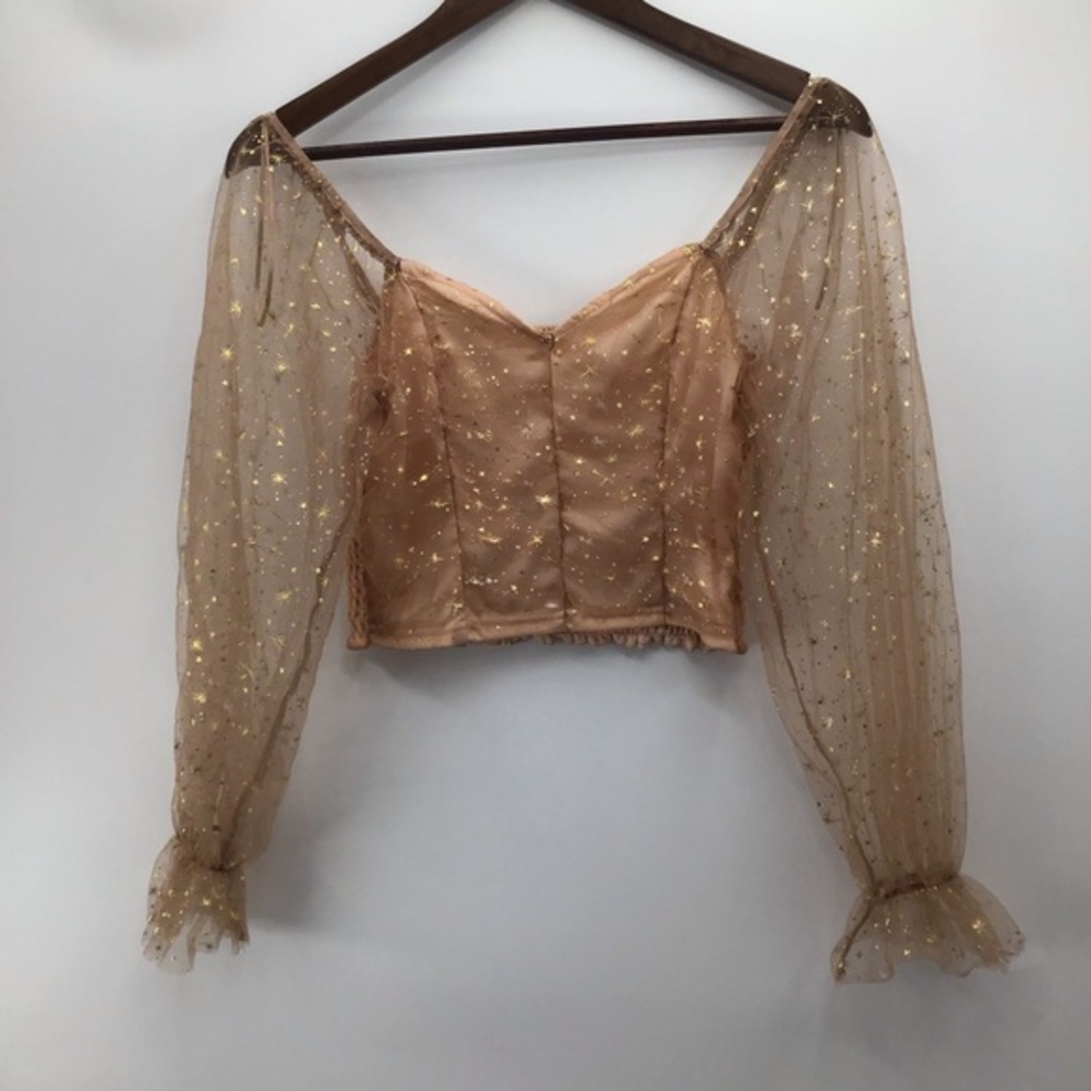 Sheer Peach Gold Star Long Sleeve Crop Top